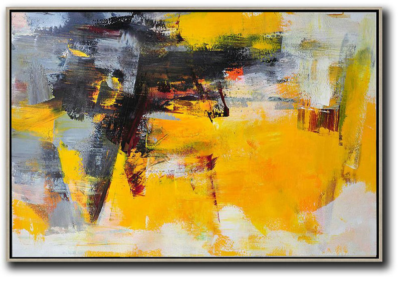 Modern Art Oil Painting,Horizontal Palette Knife Contemporary Art,Modern Art,Black,Grey,Yellow.etc